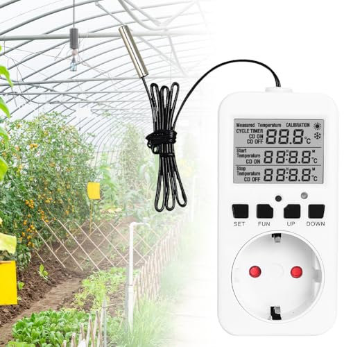 Umllpet Digitaler Temperaturregler Steckdosen, Heizungsthermostat Temperaturregler mit Fühler, Wasserdicht Thermostat Heizung Smart für Gewächshaus Glasbehälter Aquarium Samenkeimung Heizung Kühlung