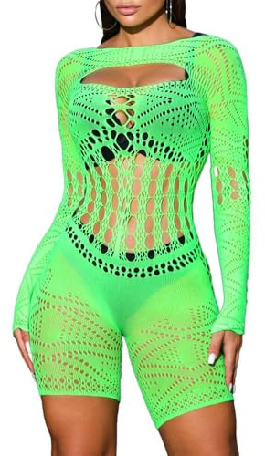 Buitifo Women Lingerie Bodysuit Fishnet Jumpsuit Bodycon Romper | Sexy Nightwear,Nylon Long Sleeve Shirts,Fishnet Shorts,Dancer Wear,mesh Bodysuit,Rave outfit