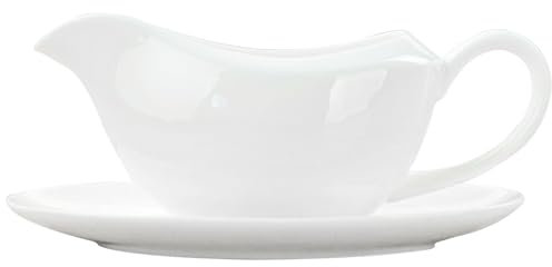 KDAMGOQE Gravy Boat with Saucer 420ml Ceramic White Classic Gravy Jug with Handle for Salad Dressing Black Pepper Sauce
