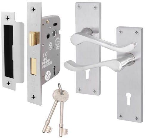EAI Satin Victorian Scroll Door Handle Key Lock Set | 1 Pair of Satin Chrome Internal Lever Lock Handles on Backplate with Sash Lock (64mm) & Keys