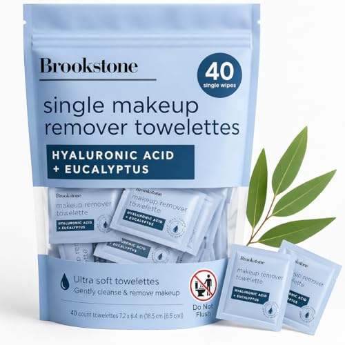 Brookstone Makeup Remover Wipes Individually Wrapped - Bulk Eye & Face Wipes for Travel, Single Makeup Remover Packets for Mascara, Oil & Dirt - Alcohol-Free Cleansing Towelettes, 40 Count.