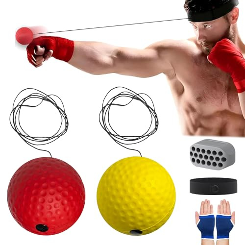 GUOYOU Boxing Reflex Ball Set with 2 Boxing Training Balls Adjustable Headbands Protective Gloves Masseter Muscle Trainer, for Reaction, Agility, Punching Speed, Hand Eye Coordination Training