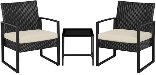 Yaheetech Set Mobili da Giardino in Poly Rattan 2 Sedie e Tavolino da Balcone con Cuscini Esterno Interno Nero/Beige