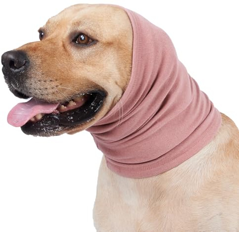 Meifsou Calming Hoodie for Dogs - Stretchy Dog Ear Cover, No Shake Anxiety Head Wrap Quiet Ears, Pet Snoods for Thunder, Lightning, Fireworks, Vet Visits, Grooming, Rabbit Plush Fabric, Pink L