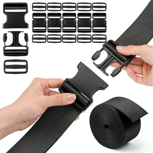 TERLUNNSI Spännen spännband set 20 mm, 6 yards svart nylonband, 6 stycken snabbförslutande spännen, 12 stycken tri-glide glide, robust dubbeljusterbart ryggsäcksspänne för ryggsäck gör-det-själv