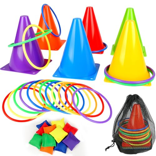 Aolso 31 Piezas 3 en 1 Juego de Set, Juegos de Lanzamiento Saco de Arena, Juego de Lanzamiento de Aros al Aire Libre con Conos de Entrenamiento para Exterior, Fiesta de cumpleaños y Juegos Familiares