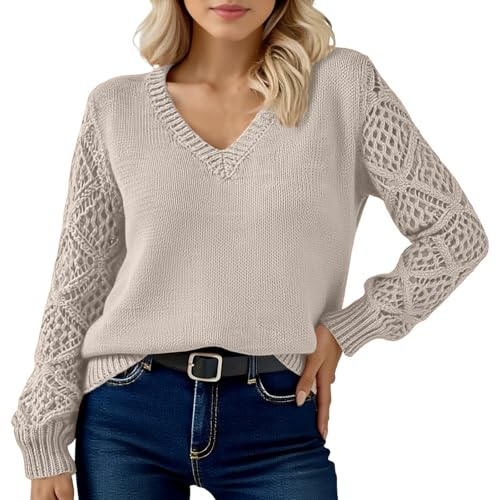 Générique Pull Femme tricoté Manches Longues col V Motif ajouré Douceur Confort Tenue décontractée Quotidien Bureau détente Automne Hiver (Beige, M)