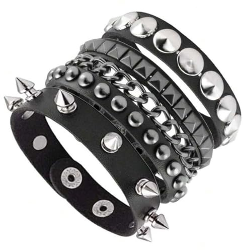 ENAESLOT 3 PCS Studded Bracelet,Goth Bracelets 80s Retro Style Wristband Halloween Party Accessories,Black Wide Studded Spikes Studded Cool Punk Steampunk