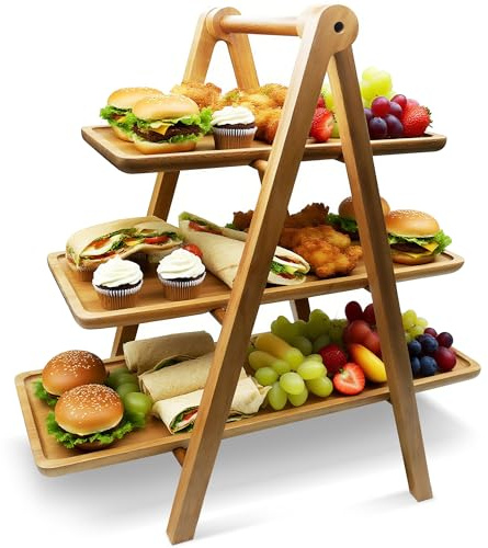 WARMKEY Acacia Wood 3 Tier Foldable Serving Tray – Rectangular Farmhouse Stand for Charcuterie Board, Cupcake, Dessert, Party Wedding Decor, Small Flower Pot Display, Easy Storage