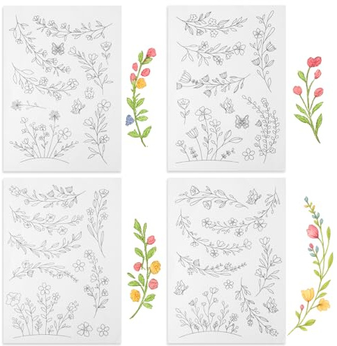 Water Soluble Embroidery Stabilizer, 4 Sheets Water Soluble Stabilizer for EmbroideryPatterns Stick and Stitch Embroidery Paper Designs Transfer Paper with Pre-Printed Flower Leave for Hand Sewing