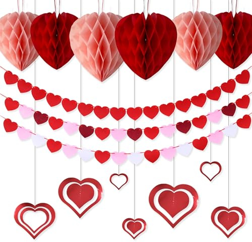 16 Piezas Decoración de Corazones para San Valentín, Guirnaldas de Bolas de Panal y Corazones Colgantes, Decoración de Amor para Proposiciones de Matrimonio y Aniversarios