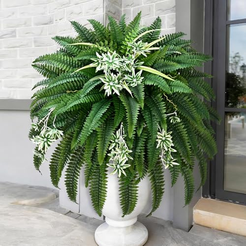 Livole 60 2-in-1 Fake Ferns with Spider Plant, Artificial Ferns for Outdoors Large Faux Boston Fern with 118 Branches Realistic UV Resistant for Planter Indoor Home Garden Porch Hanging Decor, 1 Pcs