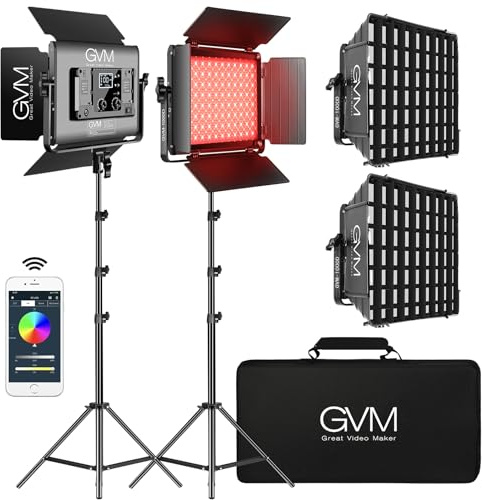 GVM 1000D Lampe vidéo LED RGB avec softbox, kit d'éclairage de Photographie avec contrôle APP, lumière de Studio Continue 3200K-5600K pour la Photographie de Youtube,2 Paquets de Panneau Lumineux LED