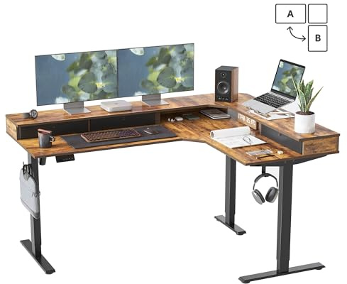 FEZIBO Single Motor 160 * 120 cm L Shaped Standing Desk with 3 Drawers, Electric Standing Gaming Desk Adjustable Height, Corner Stand up Desk with Splice Board, Black Frame/Rustic Brown Top