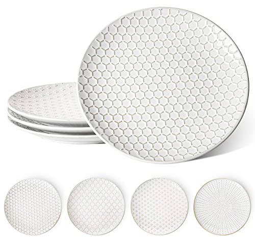 LE TAUCI Ceramic Dinner Plates Set of 4, 10 Inch Embossed Plates for Kitchen, Modern White Serving Dishes for Pasta and Steak, Microwave Oven and Dishwasher Safe - Arctic White