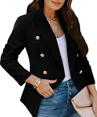 CRAZY GRID Womens Double Breasted Blazer Jacket - Business Casual, Open Front, Long Sleeve, Gold Button, Plus Size Black XX-Large