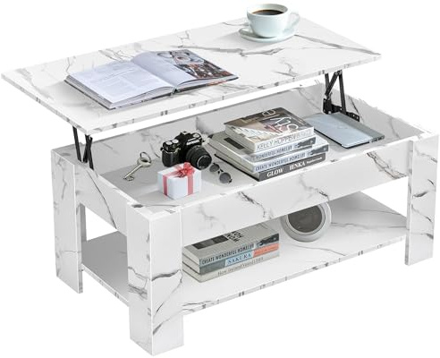 Blisswood Coffee Table With Storage, Lift Up Coffee Table For Living Room, Wooden Coffee Tables With 1 Shelf Large Hidden Storage Lift-Top Sofa End Tea Table White Marble 120x60x(49.5-62.5) H cm