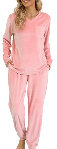 Vlazom Women Pyjamas,Soft Warm Fleece Pjs Sets Fluffy Loungewear Set Long Sleeve Tops and Pants Sleepwear with Pockets S-XXL