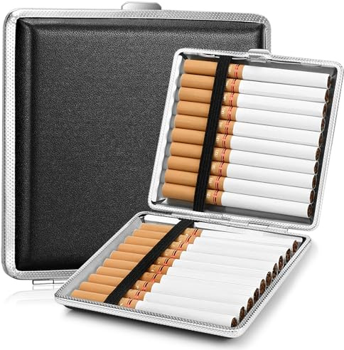 Lot de 2 étuis à cigarettes en cuir et métal - En polyuréthane - Pour 20 cigarettes - En acier inoxydable - 10 x 10 x 2 cm - Pour poches de pantalon et de chemise
