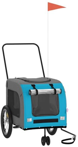 vidaXL Pet Bike Trailer, Pet Cart Carrier for Small Dogs, Pet Bike Trailer with Flag, Dog Bicycle Wagon, Blue and Grey Oxford Fabric and Iron