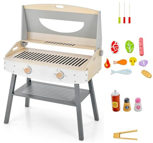 Maxmass Kids BBQ Grill Playset, 18PCS Toddler Kitchen Playset with Barbecue Accessories and Pretend Foods, Wooden Children Play Kitchen Cooking Toys for 3+ Years Old Boys Girls