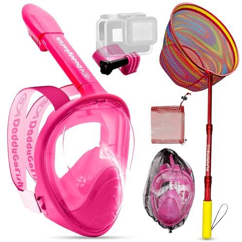 DaddyGoFish Kinder-Schnorchelmaske | Snorkle Schnorchelausrüstung mit Kamerahalterung | Ausziehbares Teleskop-Kescher- und Schnorchelmasken-Kombi-Set, beschlagfrei und auslaufsicher