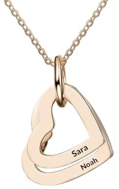 Personalized Heart Necklace with Custom Name and Birthstones, Silver Pendant Chain, Made in the UK (Rose gold 2 hearts)