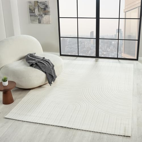 VIMODA Teppich Wohnzimmer Kurzflor Schlafzimmer Wellen Hochtief-Muster/Boho Sakndi,Farbe:Creme;Maße:80x150 cm