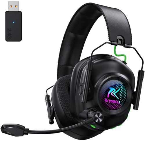 Krysenix KGH2 Wireless Gaming Headset for PS5, PS4, PC, Switch, 2.4GHz Bluetooth Wireless Headphones with Mic, Gaming & Music Dual Mode, ENC, Foldable, Cool LED, Lossless Audio Low Latency, Black