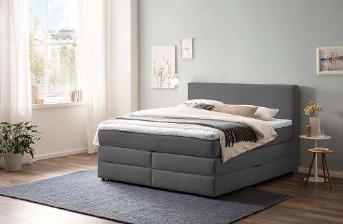 Belanoti Loft Boxspringbett 180x200 mit Bettkasten 7-Zonen Taschenfederkern Matratze inklusive Visco Topper Bett 180x200 in der Farbe Anthrazit H2 und H3 Polsterbett mit Stauraum