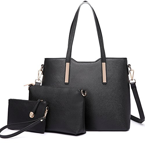 Miss Lulu Borsa Università Donna Nero Grande, Borsa a Mano Set Tote Bag Impermeabile PU Pelle,Borse a Spalla Tracolla Donne per Shopping Scuola Viaggio