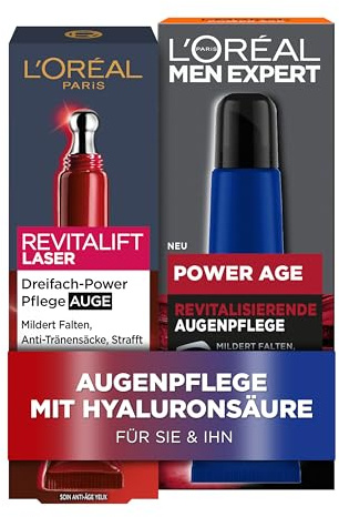L'Oréal Paris Augencremes für sie & ihn, Anti-Aging Augenpflege gegen Falten, Gesichtspflege für Damen und Herren mit Hyaluronsäure, Revitalift Laser X3, Power Age, 2 x 15ml