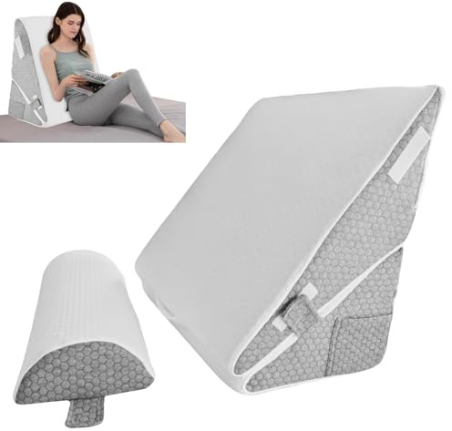 LengSuaa Wedge Pillow, 2PCS Bed Wedge Pillow Set, Removable Memory Foam Incline Cushion with Headrest for Leg Elevation, Back Support, Acid Reflux, Snoring, Post Surgery, Reading (Gray)