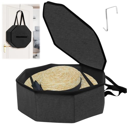 Hutschachtel Achteck mit Deckel und Haken, 43x43x18 cm Faltbare Reise Hutbox, Hutkoffer Groß, Stabiler Griff, Hut Organizer Box für Männer und Frauen (Schwarz)
