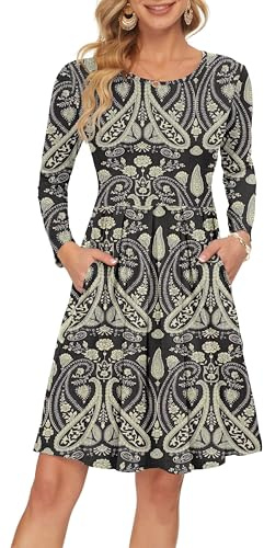AUSELILY Women's Long Sleeve Pleated Loose Swing Casual Dress with Pockets Knee Length Boho Floral Black XL