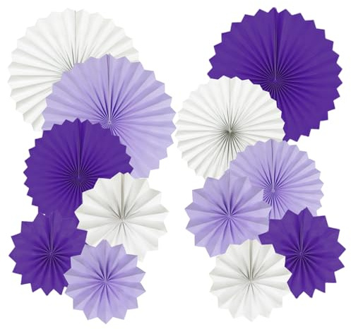 Vsosfiza Papier-Rundfächer Partydekoration - Lila/Lavendel & Weiß - 12er Set (20/25/30/35 cm) für Meerjungfrau-Partys, Hochzeiten, Babypartys & Abschlussfeiern