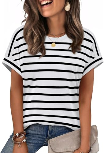 WIHOLL Womens Tops Summer Outfits Spring Break Essential Clothing Short Sleeve Tshirts Shirts 2026 Fashion Trendy Business Casual Blouses Black & White Stripes M