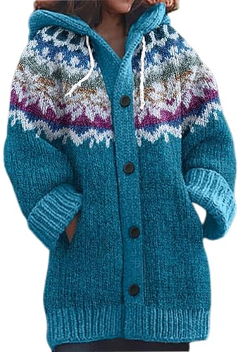 Maglione Natalizio Donna Lungo Cardigan Elegante Taglie Forti Casual Giacca Maglia con Bottoni Cappuccio 3D Digitale Pullover Invernale Autunno Moda Giacca Donna Calda Slim Fit Oversize Trendy