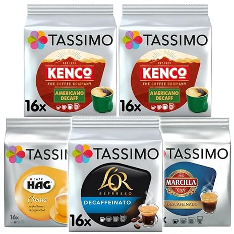 Tassimo Decaf Variety Pack Coffee Pods (Pack of 5, Total 80 Capsules) – Kenco Americano, L’OR, Marcilla & Café Hag