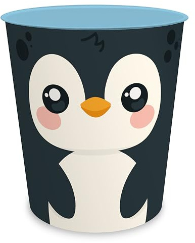 itenga Cestino per la carta per bambini, motivo animale, pinguino, design Kawaii, rotondo, circa 11 l, cestino per la cameretta dei bambini, in plastica resistente