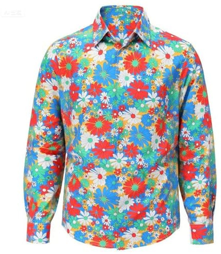 Camisa de Nochevieja para hombre, manga larga, multicolor, con flores, camiseta de los años 70, disfraz de discoteca, hippie, carnaval, corte regular, camiseta de manga larga, camisa con botones