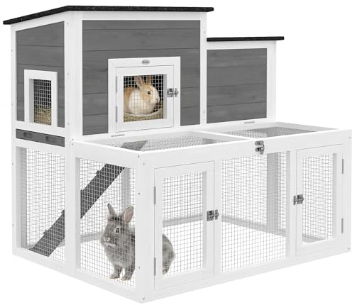 PawHut Clapier Lapin Extérieur en Bois, Double Toit, Imperméable, Gris