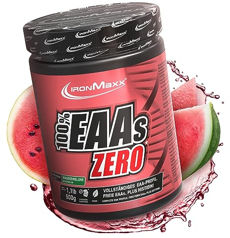 IronMaxx 100% Percento EAAs ZERO Aminoacidi in polvere- integratore a base degli 8 aminoacidi essenziali con alto contenuto di BCAA- vegano- senza zuccheri- gusto: anguria- alta dose- 500g