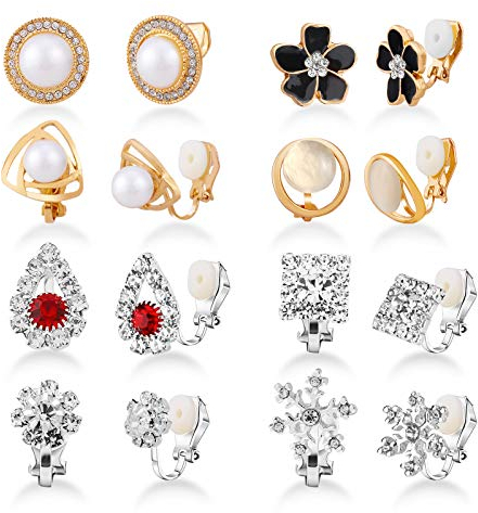 HIFOT 8 Paare Clip Ohrringe Ohrclips für Damen, Mode Blume Twist Knoten Rose Gold Fake Perlen Silber Schneeflocke Ohrklemme Schmuck Ohrlöcher Set Damen für Frauen Mädchen