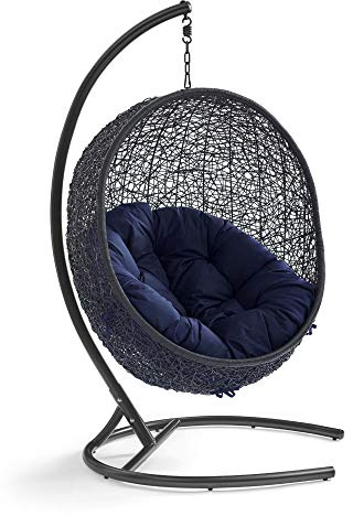 Ergode Encase Hanging Outdoor Swing Chair | Rejuvenate & Transform Your Space | Durable Espresso Metal Stand | Rattan Seat | Luxurious Sunbrella Cushions