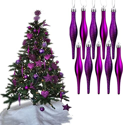 Simply Products 10 boules en forme de goutte - Magnifique décoration pour arbre de Noël, boules en glaçons mates et brillantes (Glitter violet foncé et mat)