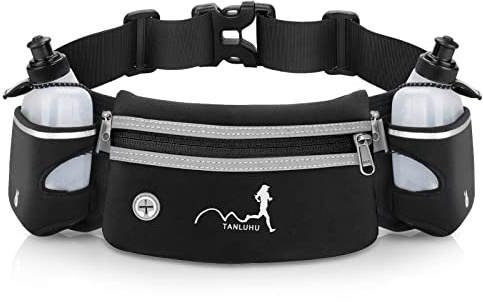 Auniq Trinkgürtel Laufen Hydration Band mit Wasser Flaschen (2 x 300 ml), Laufgürtel Gürteltasche Reflektierend Hüfttasche Bauchtasche Sport für Marathon Joggen Radfahren Reisen Outdoor (Schwarz)