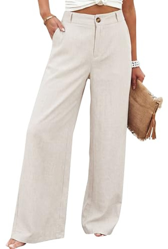 Hooever Womens Cotton Linen Pants Casual Button Up High Waisted Wide Leg Trousers(Apricot-S)