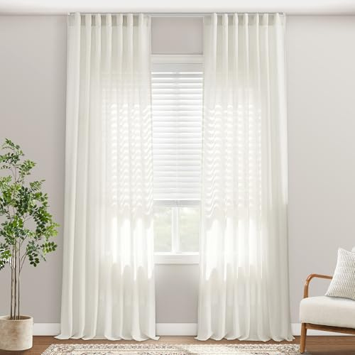 Extra Long 120 Inch Linen Sheer Curtains, 10 FT Track System Curtain Drapes with Hooks for Living Room High Ceiling Window, 2 Panels Set, Cream