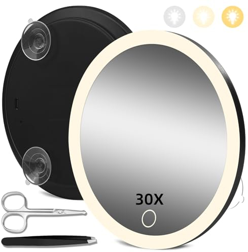 30X Magnifying Mirror with Lights, 30X Magnified Mirror with 3 Suction Cups